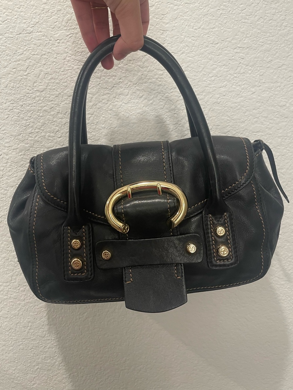 Francesco Biasia - Black Leather Top-Handle Satchel with Gold Buckle